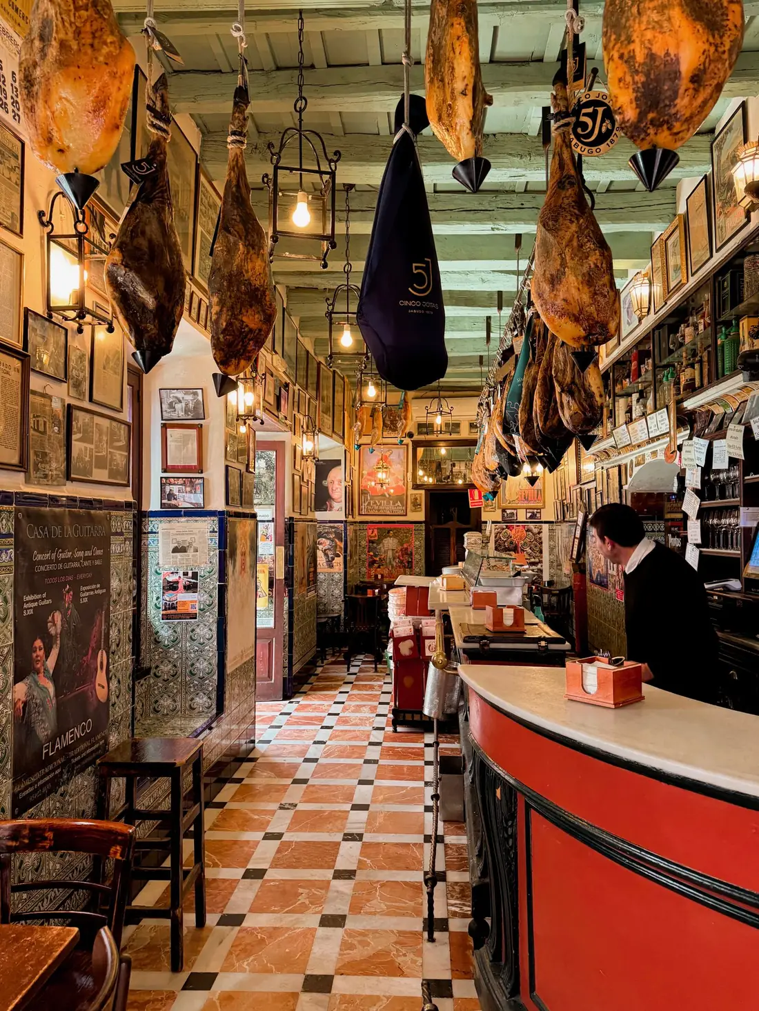 Barra de bar tradicional con suelo de baldosas y jamones colgados